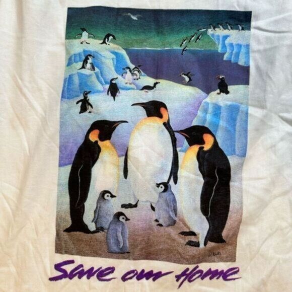 Vintage Hanes Unisex White Graphic Tee Shirt Penguins “Save Our Home” Size Large - Picture 1 of 4